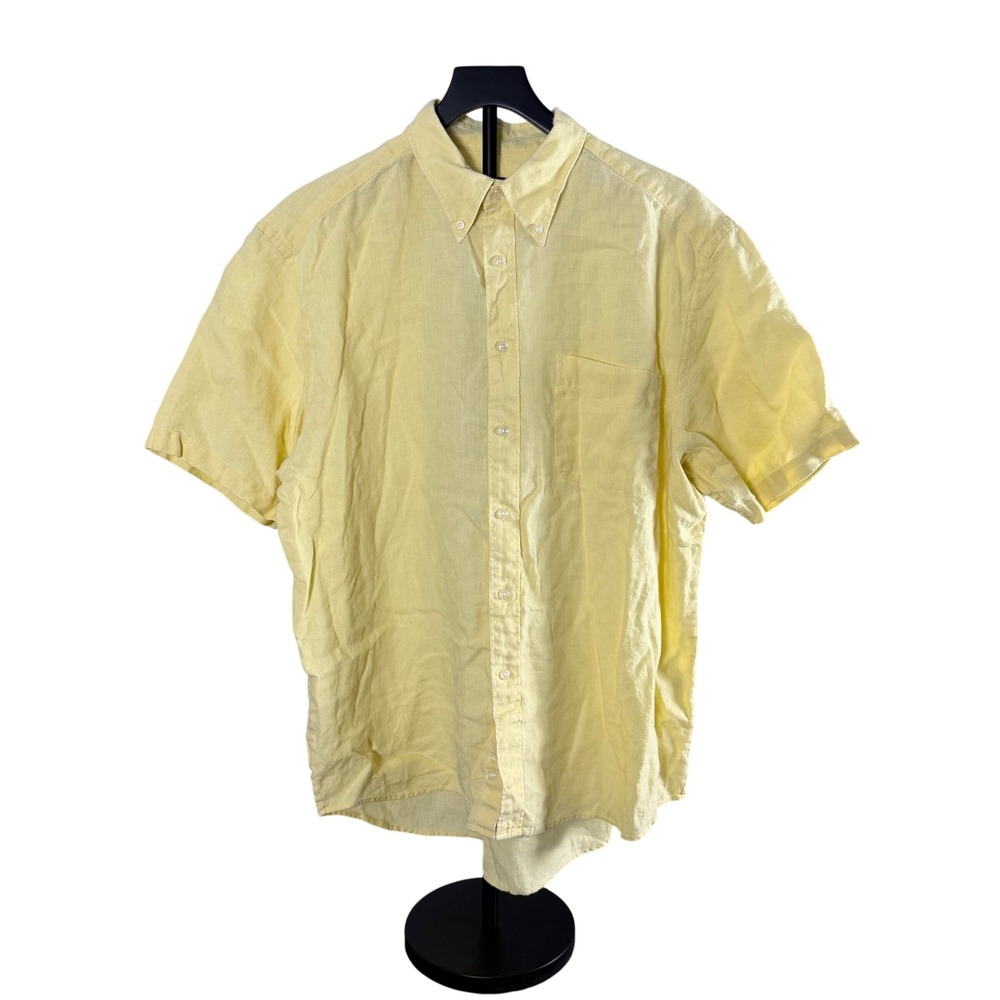 Eddie Bauer Mens Yellow 100% Linen Short Sleeve Button Down Shirt Large Classic